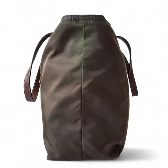 PRADA Vela Saffiano Leather Tessuto Tote Zip Green Enamel Triangle Logo Tan Bag
